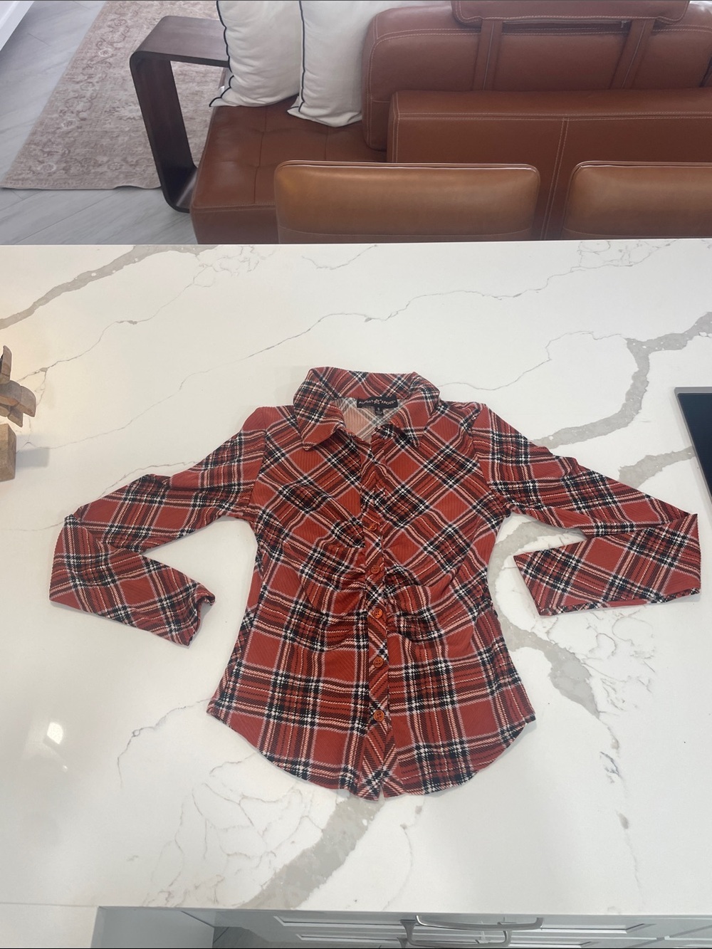Almost Famous Rust Orange Black White Plaid Button-Up Shirt
